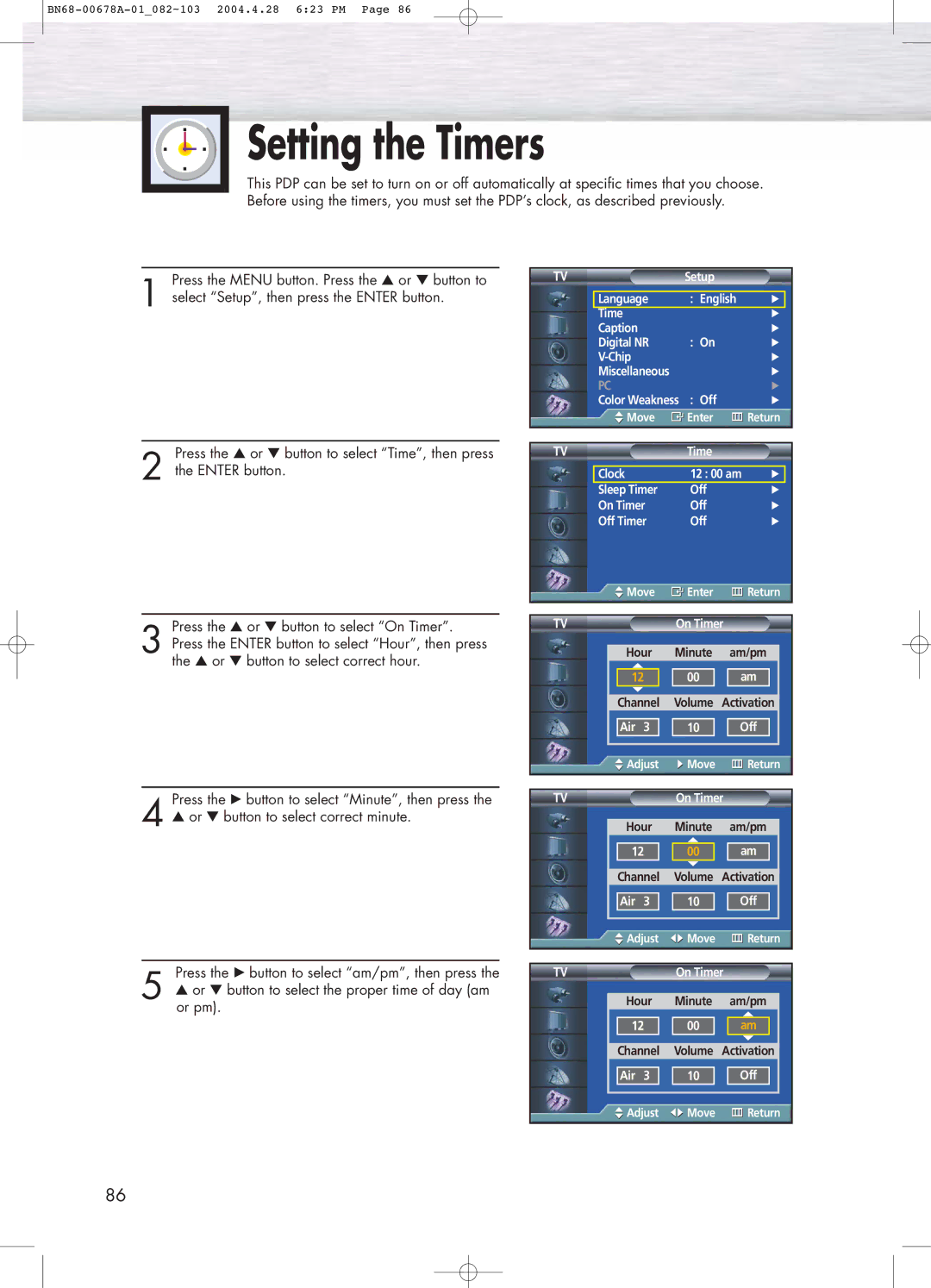 Samsung HP-P4261 manual Setting the Timers 