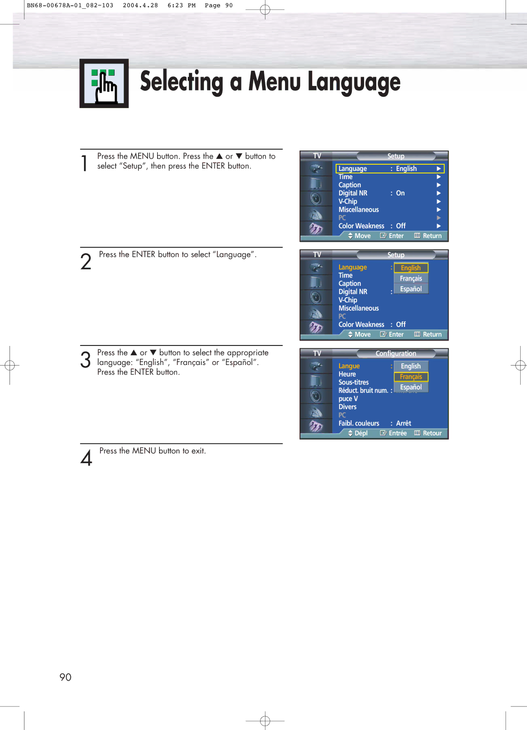 Samsung HP-P4261 manual Selecting a Menu Language 