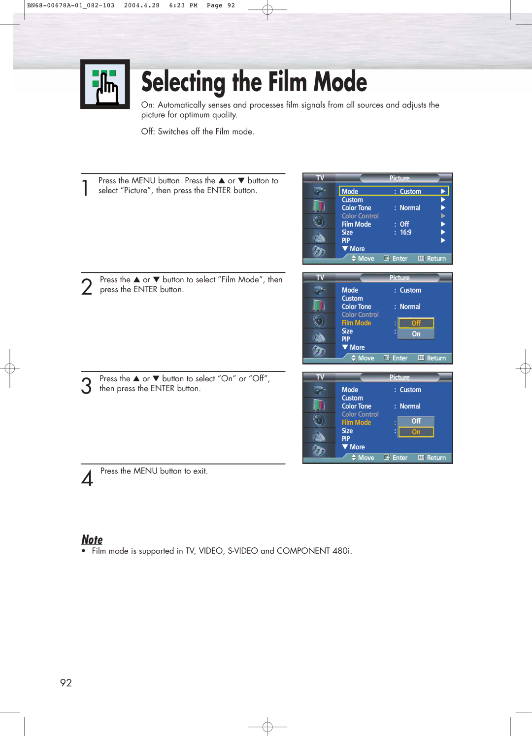 Samsung HP-P4261 manual Selecting the Film Mode 