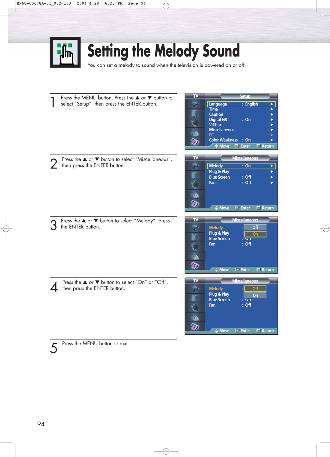 Samsung HP-P4261 manual Setting the Melody Sound 