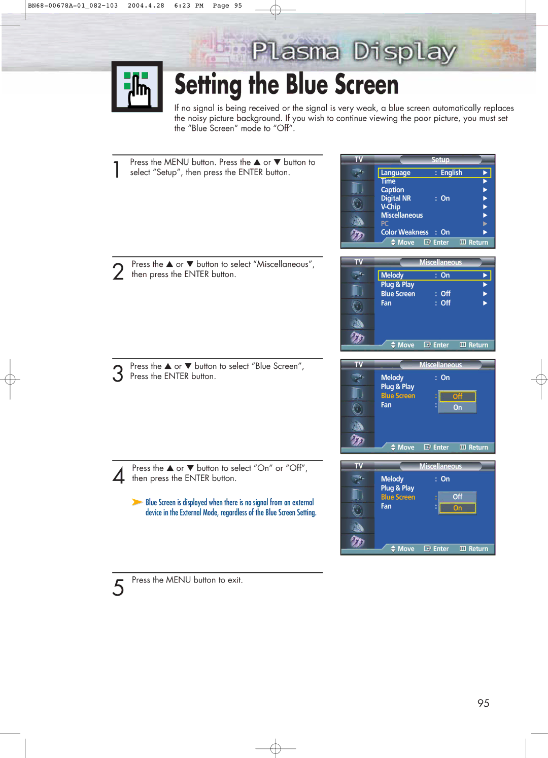 Samsung HP-P4261 manual Setting the Blue Screen 