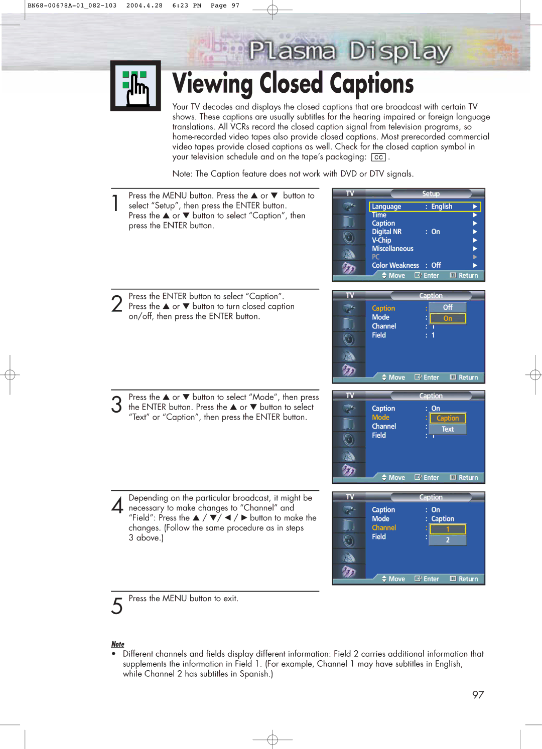 Samsung HP-P4261 manual Viewing Closed Captions 