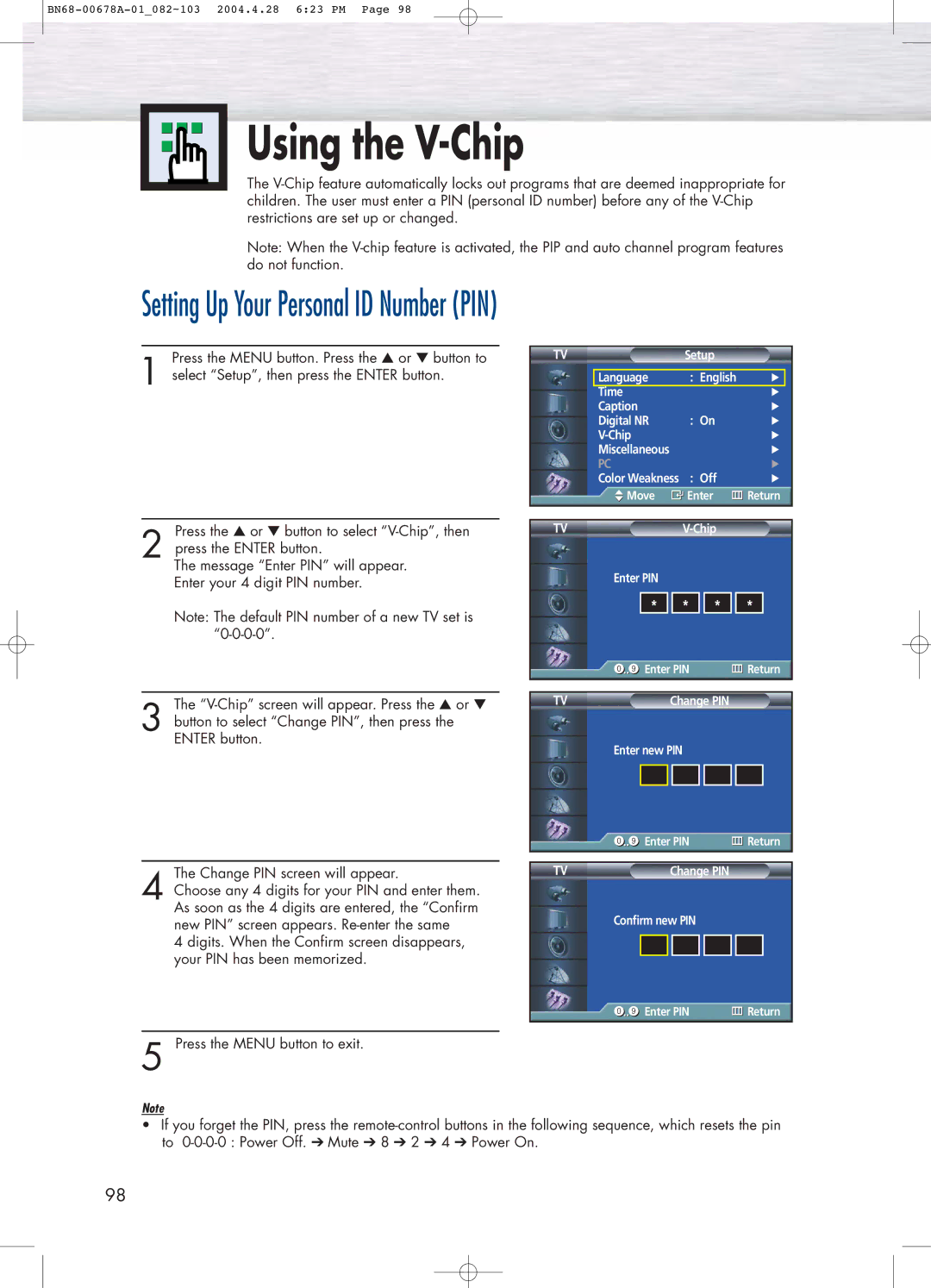 Samsung HP-P4261 manual Using the V-Chip, Setting Up Your Personal ID Number PIN 