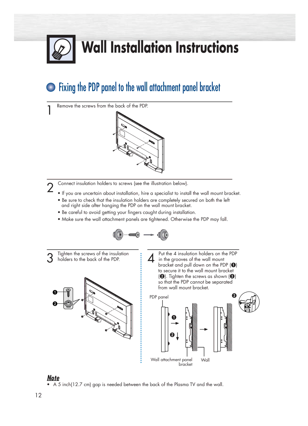 Samsung HP-P4271 manual Fixing the PDP panel to the wall attachment panel bracket 