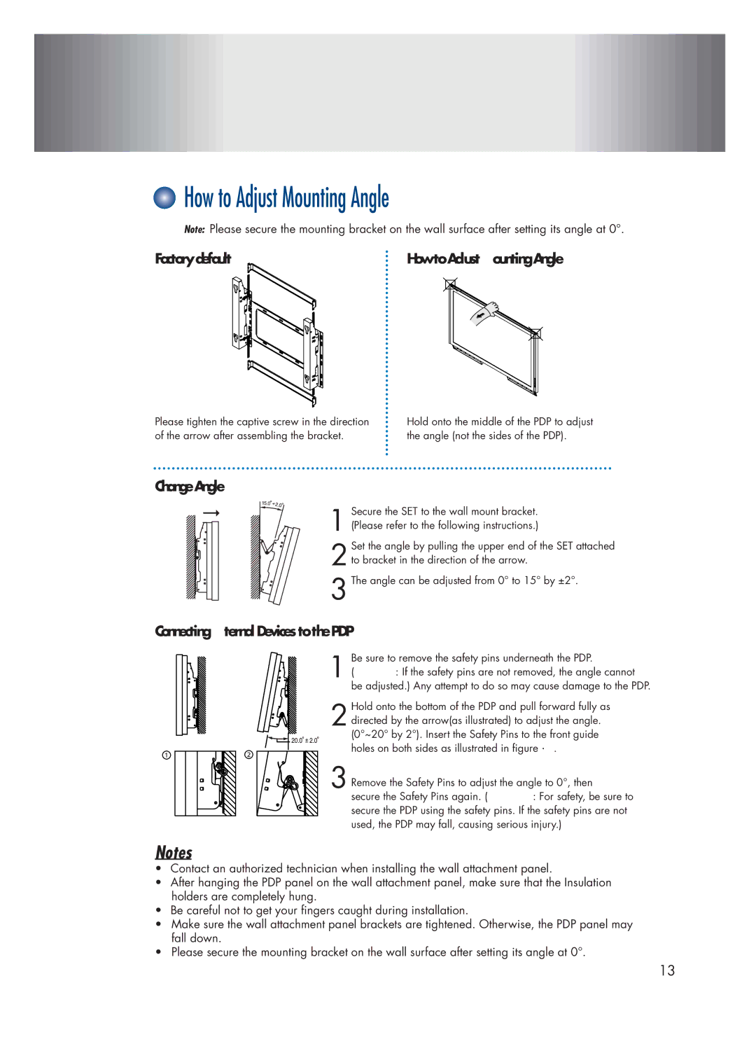 Samsung HP-P4271 manual How to Adjust Mounting Angle, Factory default, Change Angle, Connecting External Devices to the PDP 