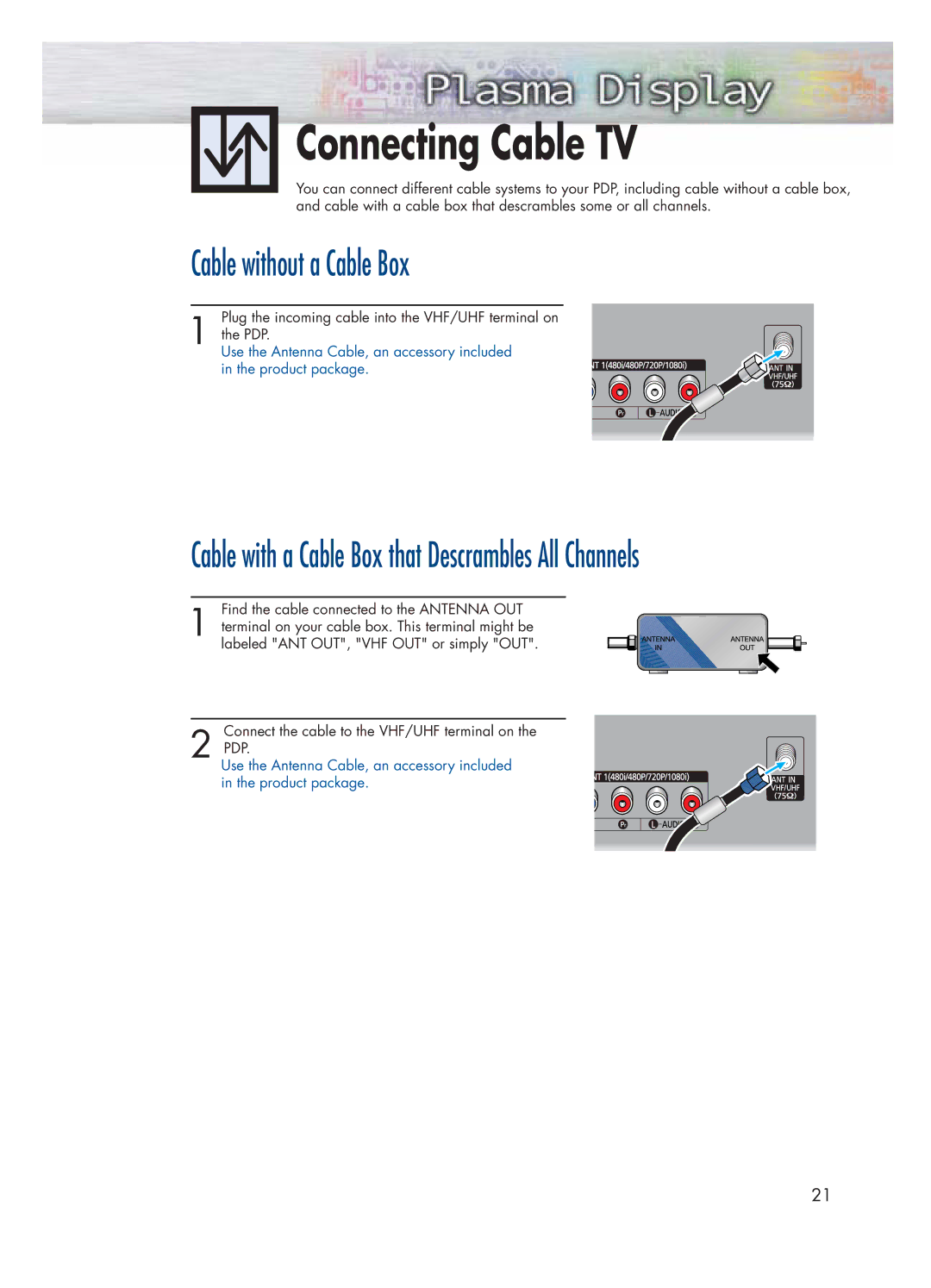 Samsung HP-P4271 manual Connecting Cable TV, Cable without a Cable Box 