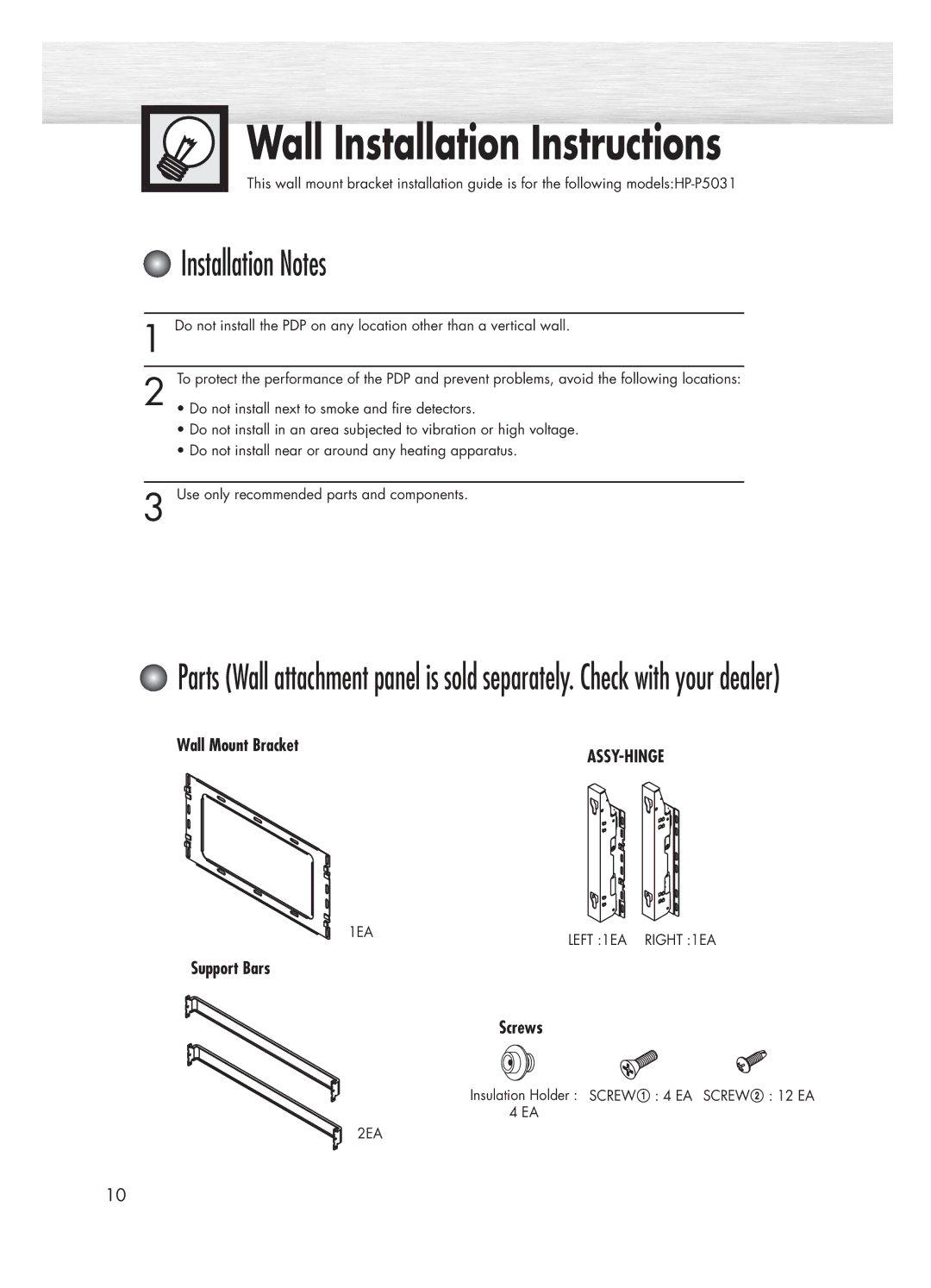 Samsung HP-P5031 manual Wall Installation Instructions, Installation Notes, Wall Mount Bracket, Support Bars Screws 