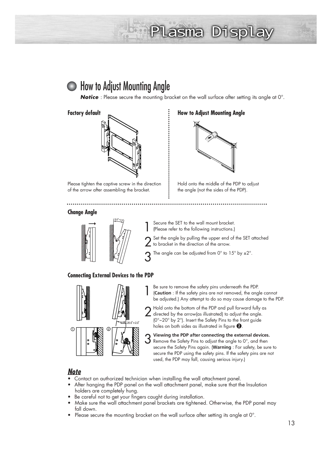 Samsung HP-P5031 manual How to Adjust Mounting Angle, Factory default, Change Angle, Connecting External Devices to the PDP 