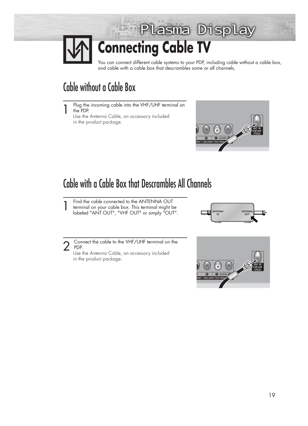 Samsung HP-P5031 manual Connecting Cable TV, Cable without a Cable Box 