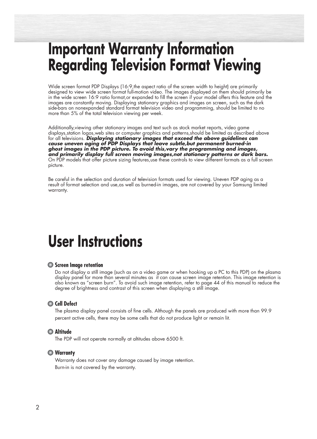 Samsung HP-P5031 manual User Instructions, Screen Image retention, Cell Defect, Altitude, Warranty 