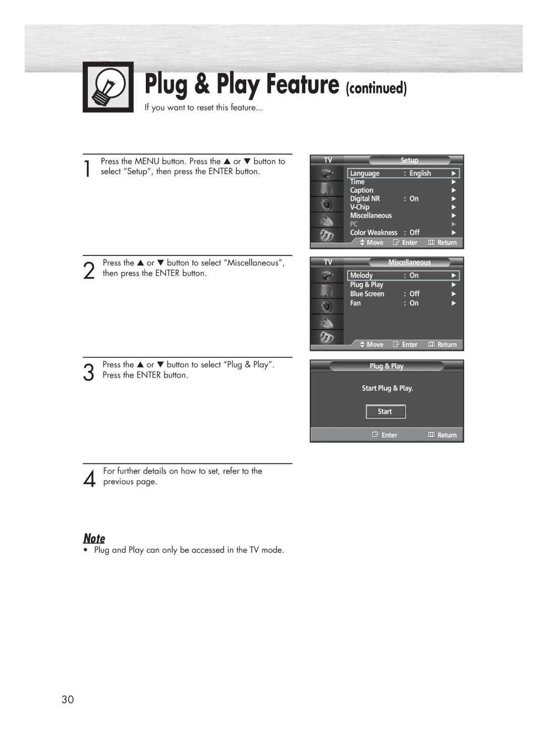 Samsung HP-P5031 manual Plug and Play can only be accessed in the TV mode 