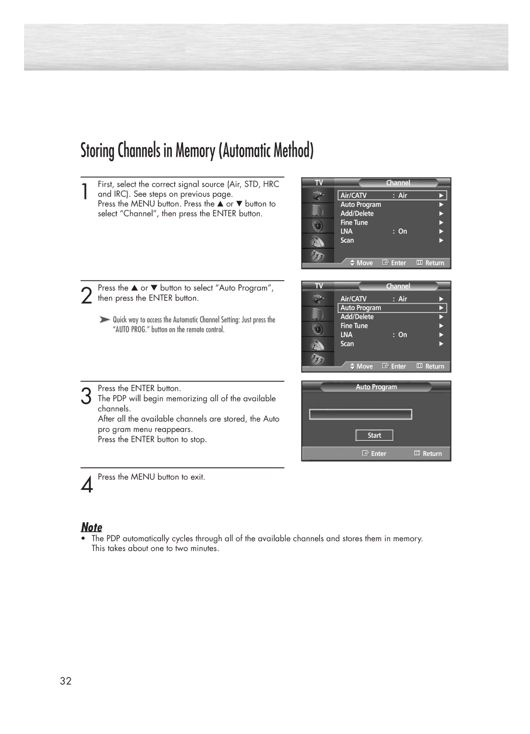 Samsung HP-P5031 manual Storing Channels in Memory Automatic Method 