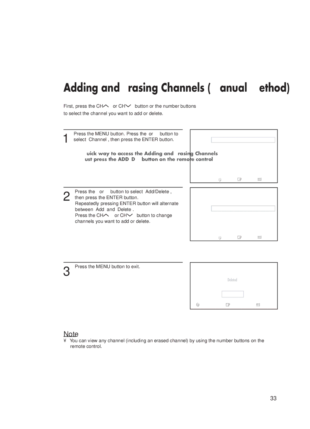 Samsung HP-P5031 manual Adding and Erasing Channels Manual Method 