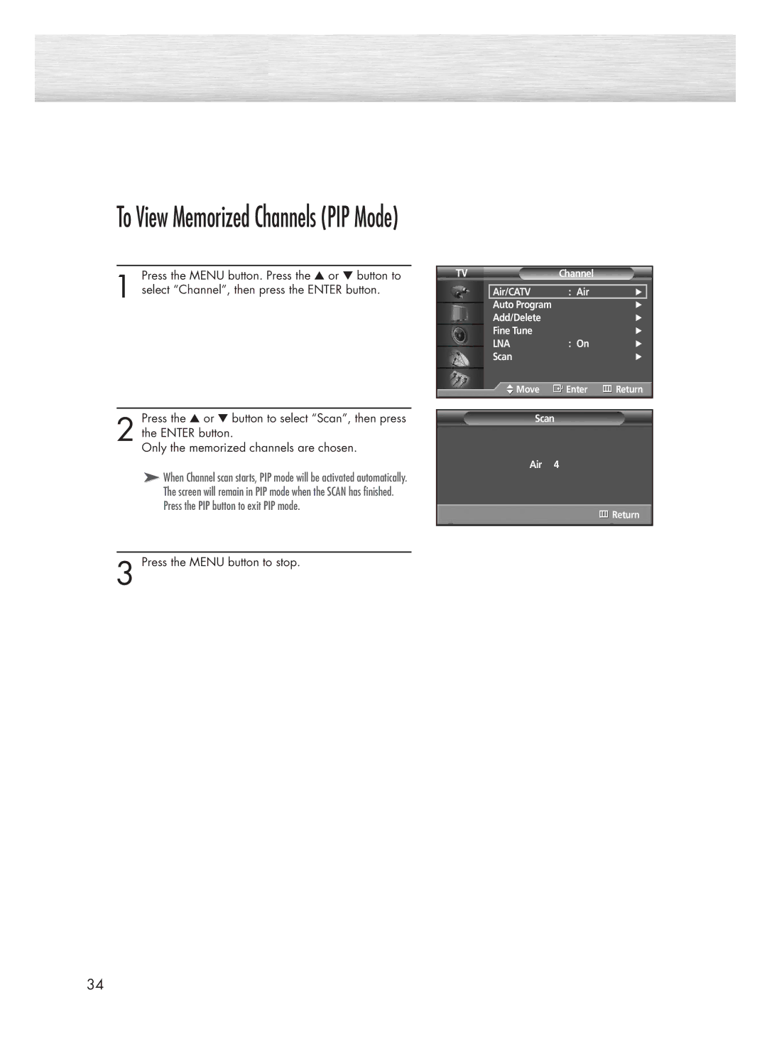 Samsung HP-P5031 manual To View Memorized Channels PIP Mode 