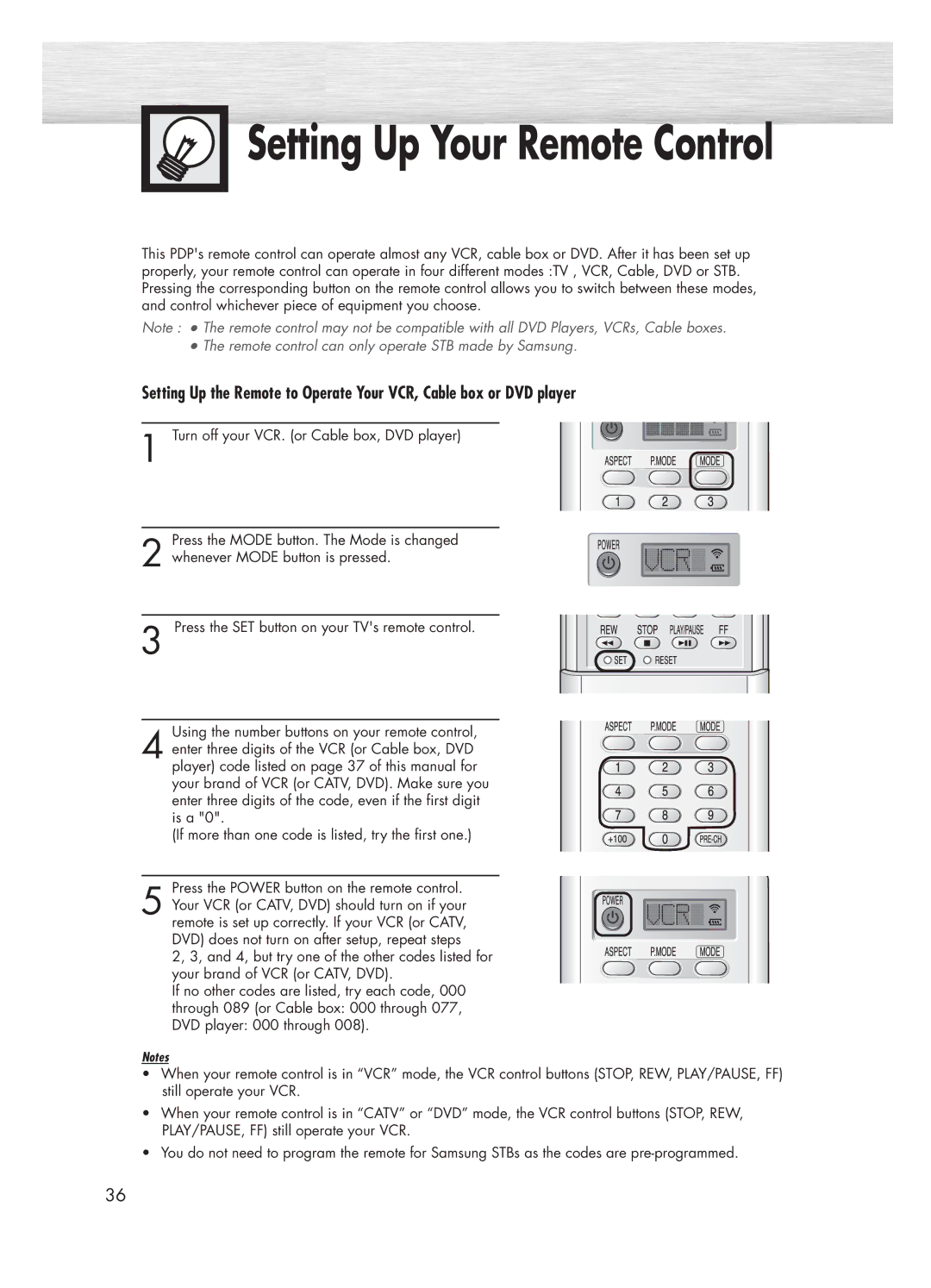 Samsung HP-P5031 manual Setting Up Your Remote Control 