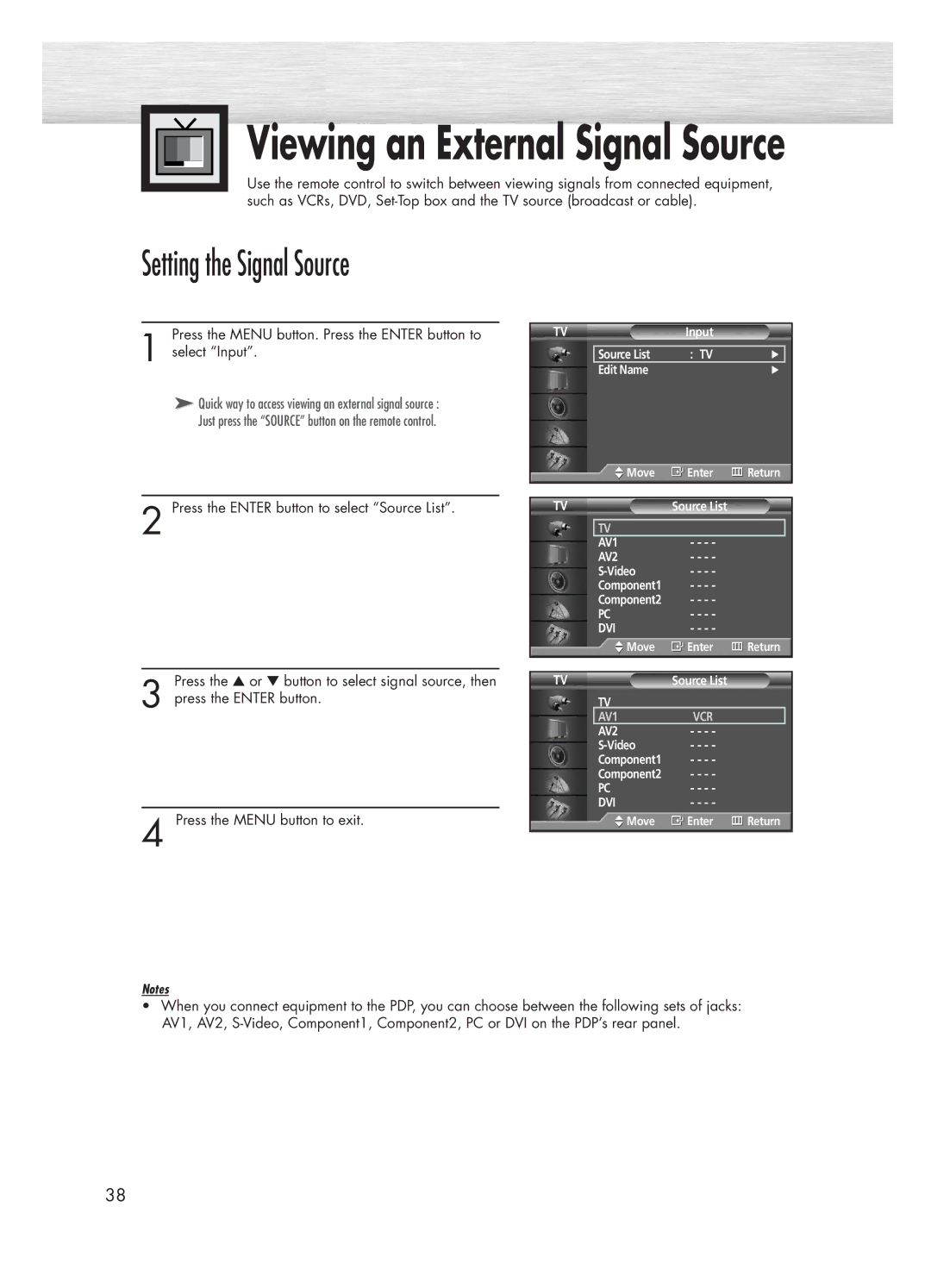 Samsung HP-P5031 manual Viewing an External Signal Source, Setting the Signal Source 