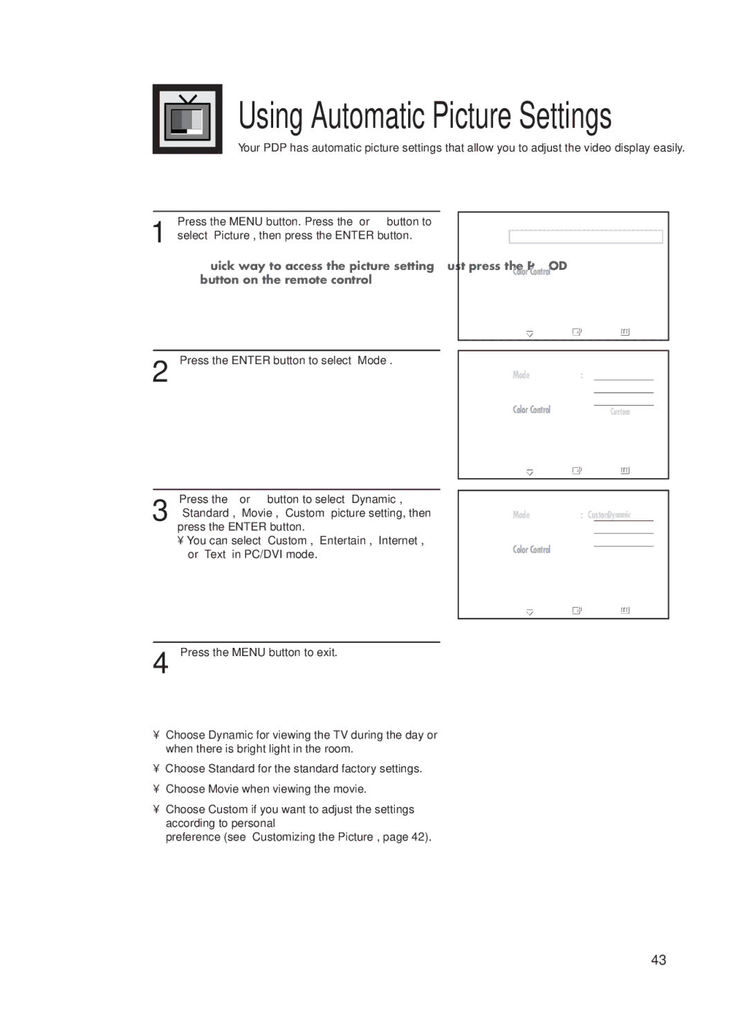 Samsung HP-P5031 manual Using Automatic Picture Settings 