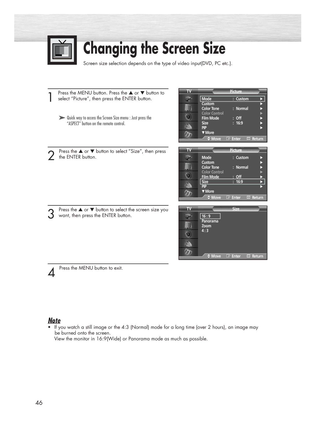 Samsung HP-P5031 manual Changing the Screen Size 