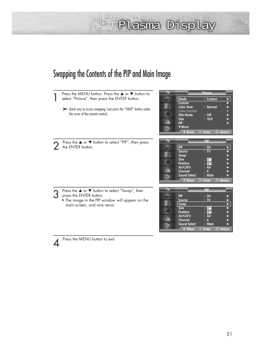 Samsung HP-P5031 manual Swapping the Contents of the PIP and Main Image 