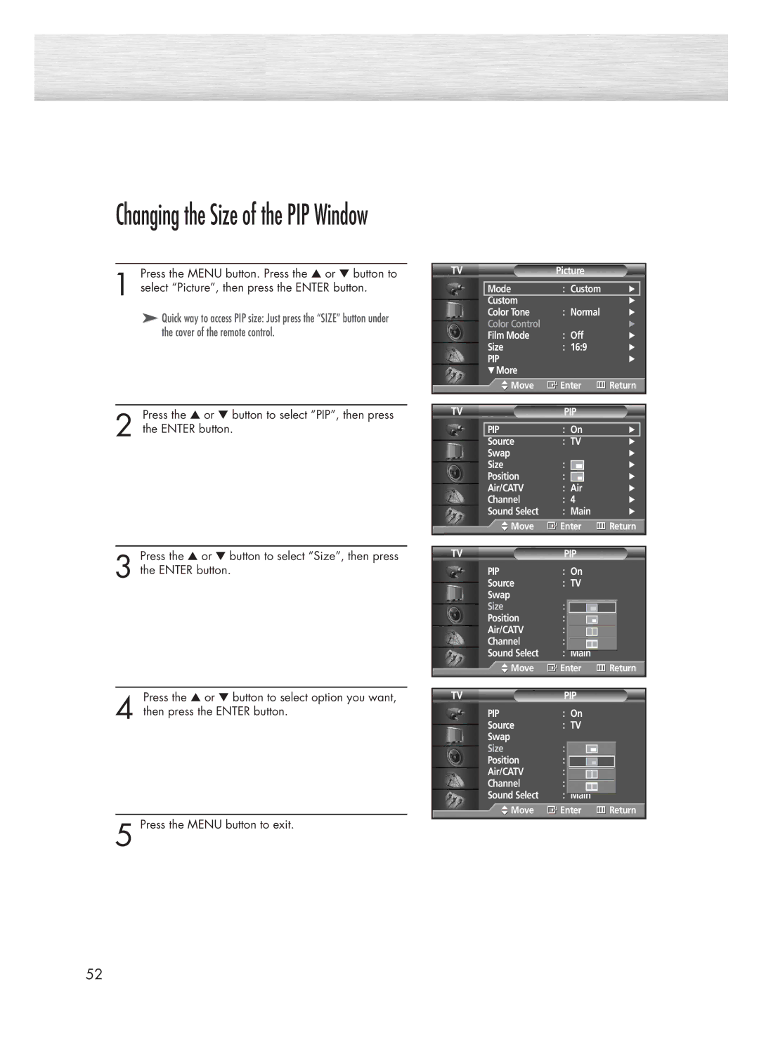 Samsung HP-P5031 manual Changing the Size of the PIP Window 