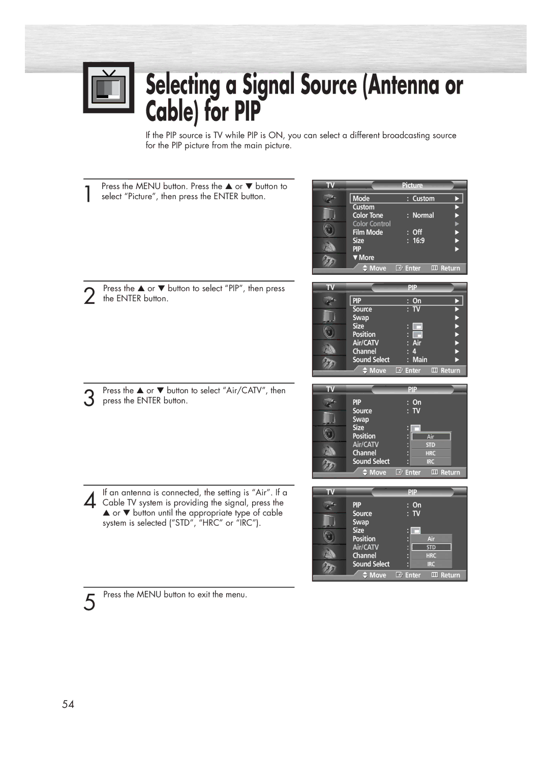 Samsung HP-P5031 manual Selecting a Signal Source Antenna or Cable for PIP 