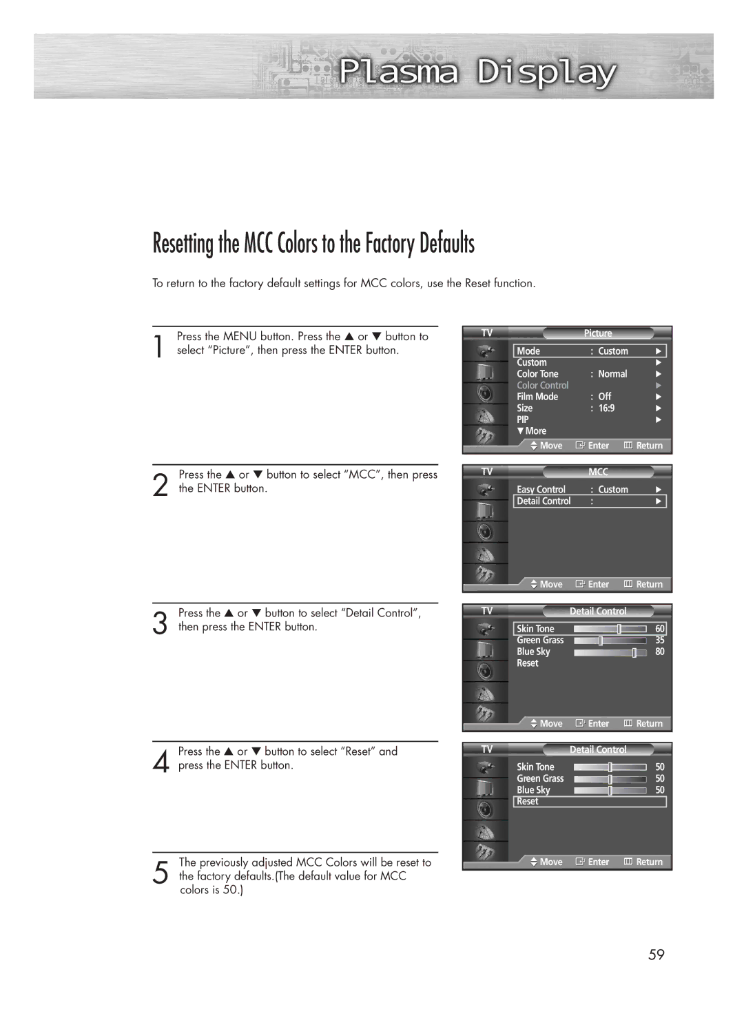 Samsung HP-P5031 manual Resetting the MCC Colors to the Factory Defaults 