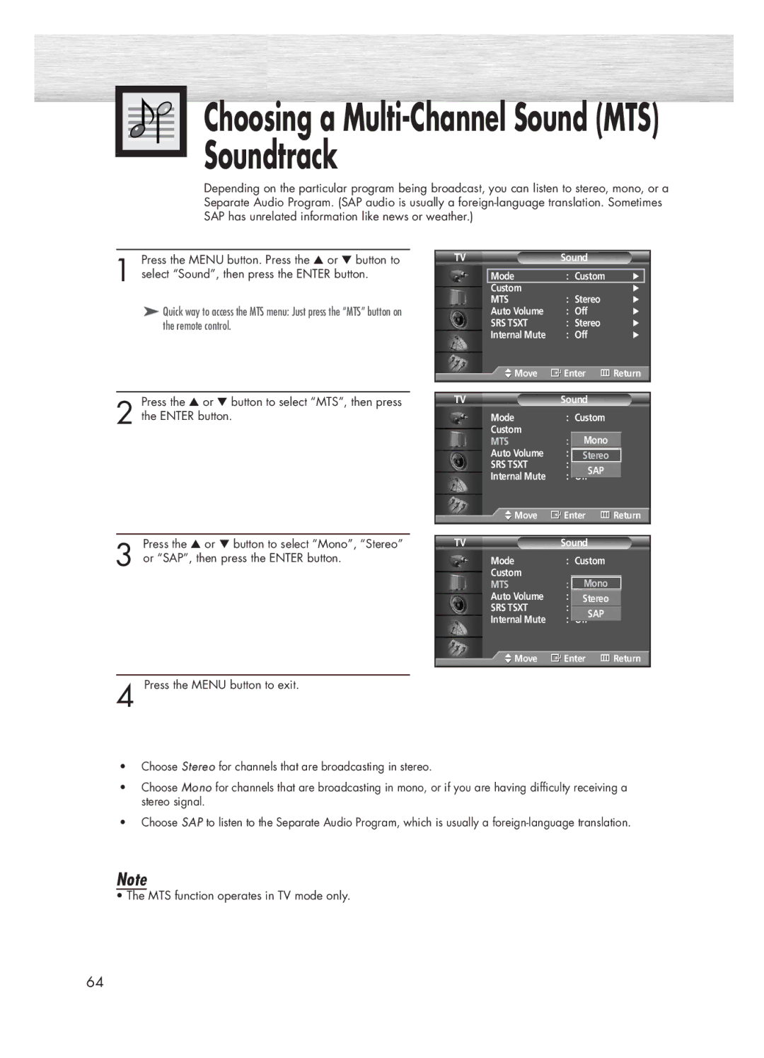 Samsung HP-P5031 manual Choosing a Multi-Channel Sound MTS Soundtrack 