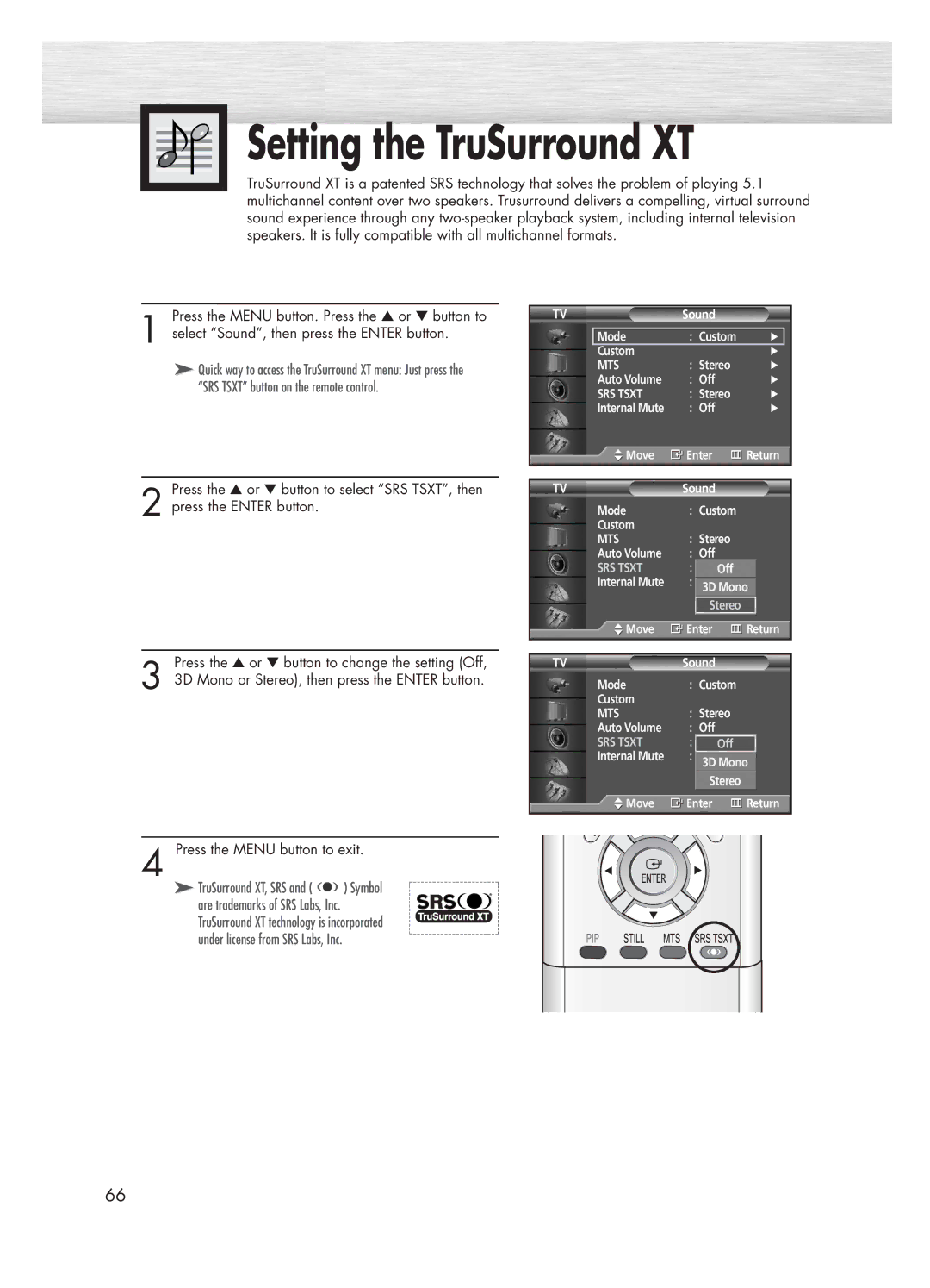 Samsung HP-P5031 manual Setting the TruSurround XT, TruSurround XT, SRS and Symbol 