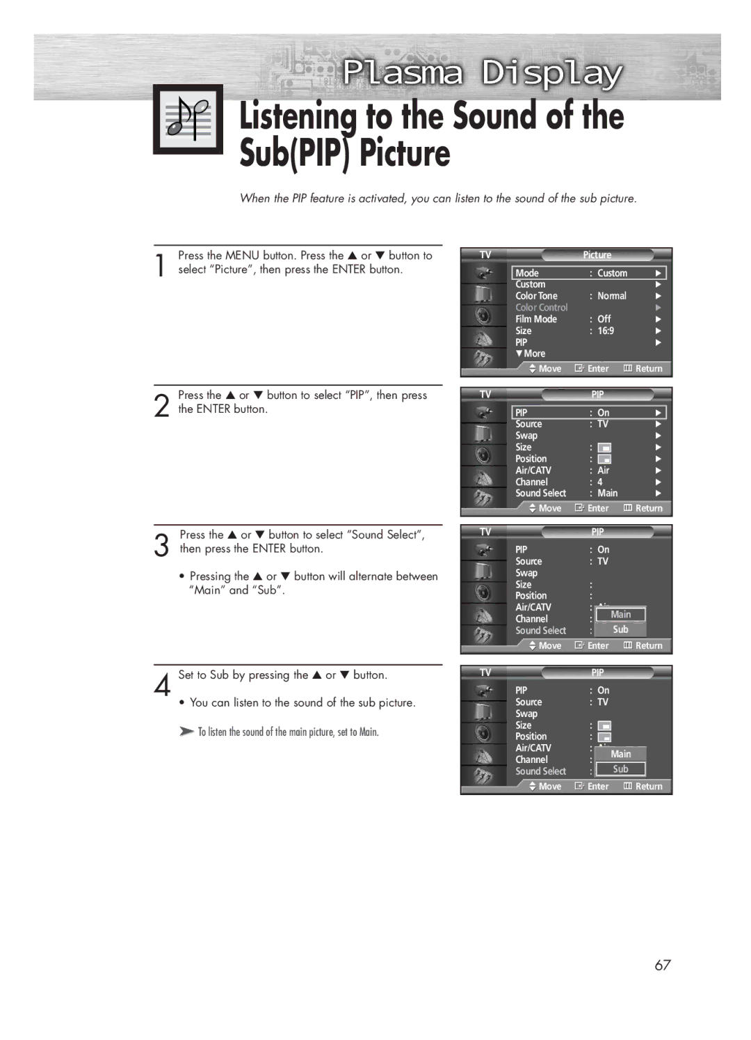 Samsung HP-P5031 manual Listening to the Sound of the SubPIP Picture 