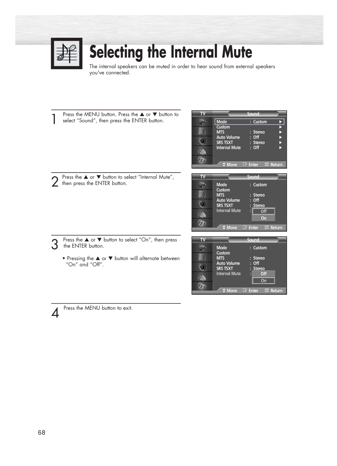 Samsung HP-P5031 manual Selecting the Internal Mute 