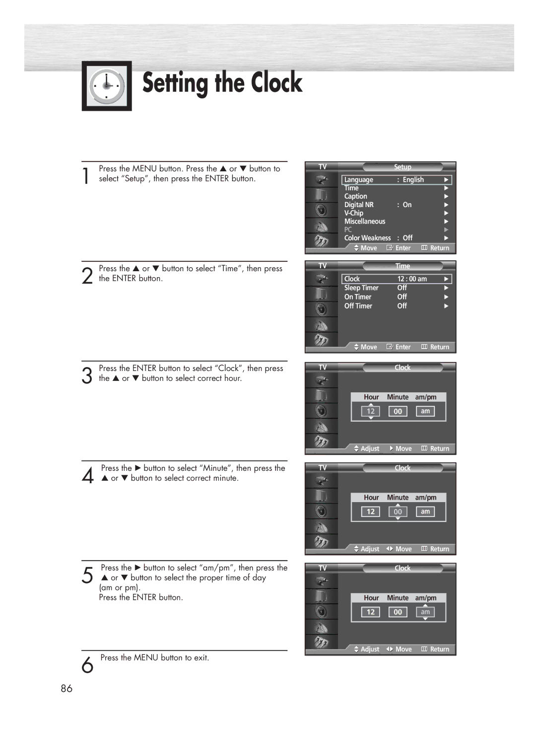 Samsung HP-P5031 manual Setting the Clock 