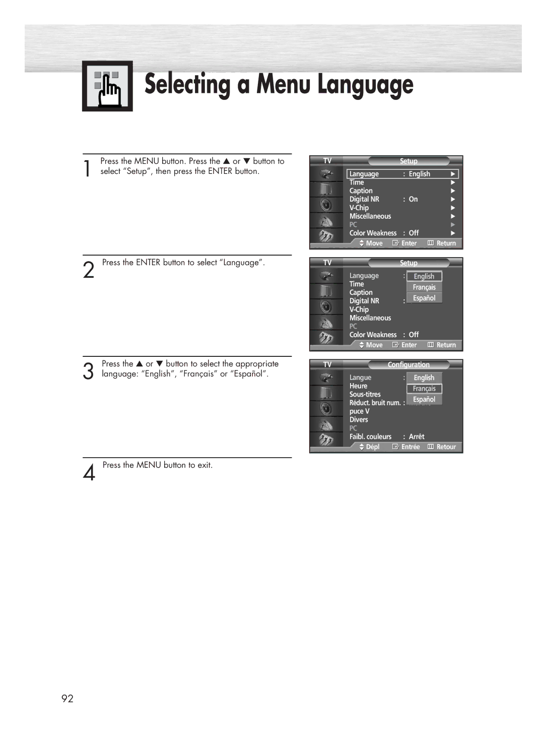 Samsung HP-P5031 manual Selecting a Menu Language 