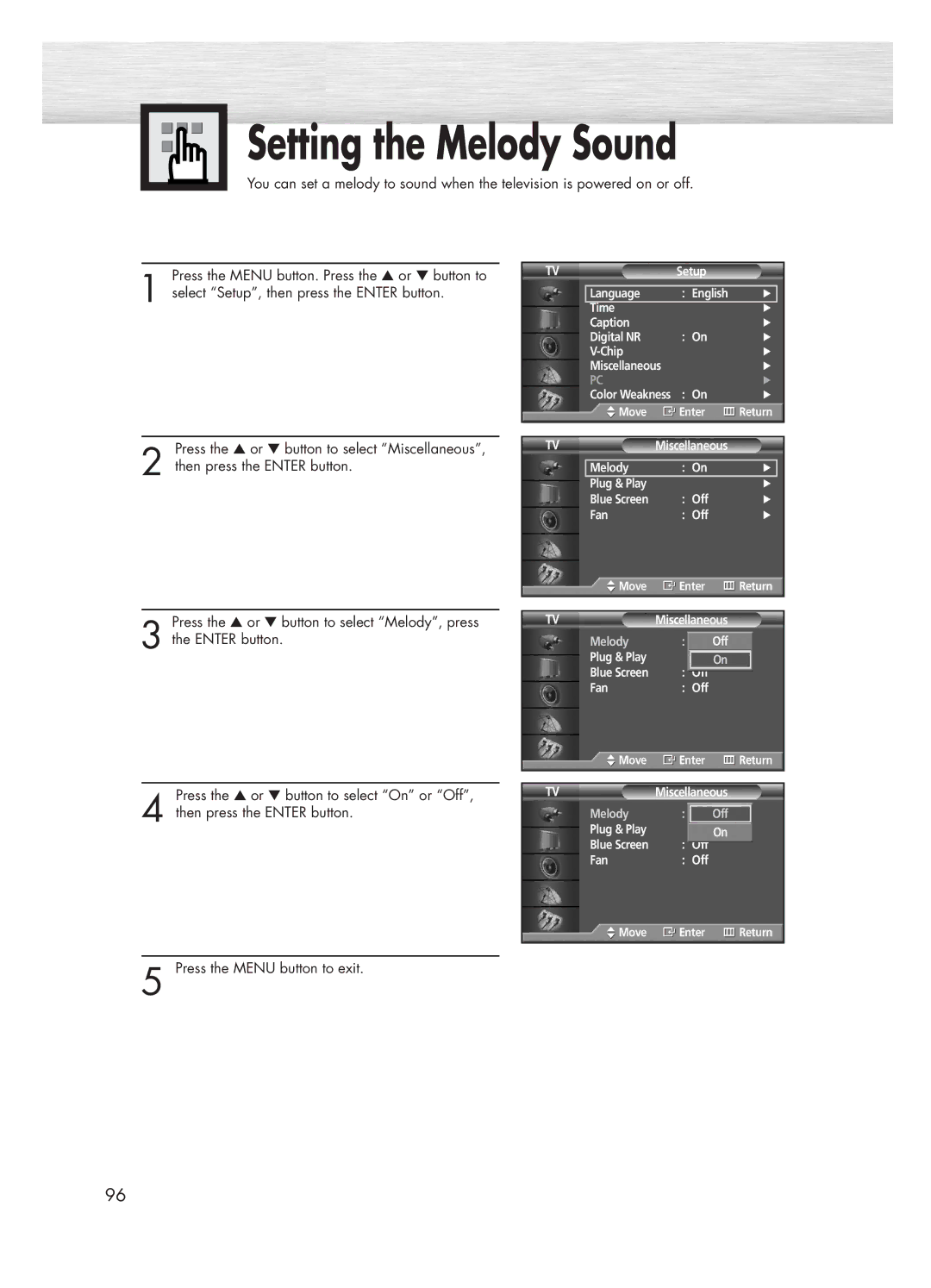 Samsung HP-P5031 manual Setting the Melody Sound 