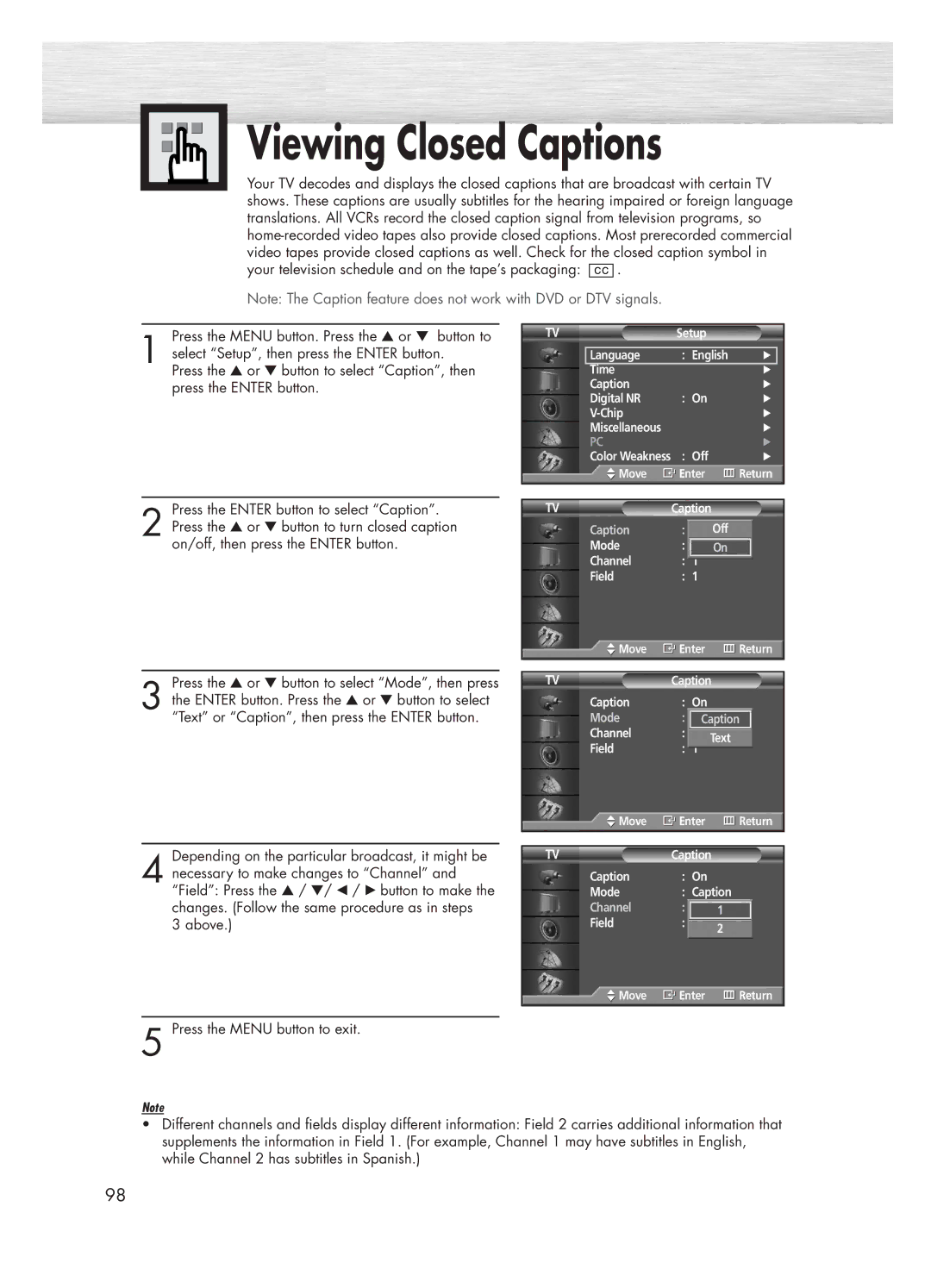 Samsung HP-P5031 manual Viewing Closed Captions 