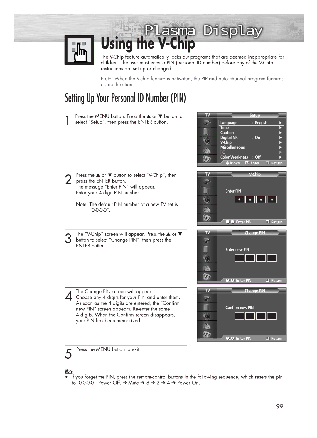 Samsung HP-P5031 manual Using the V-Chip, Setting Up Your Personal ID Number PIN 