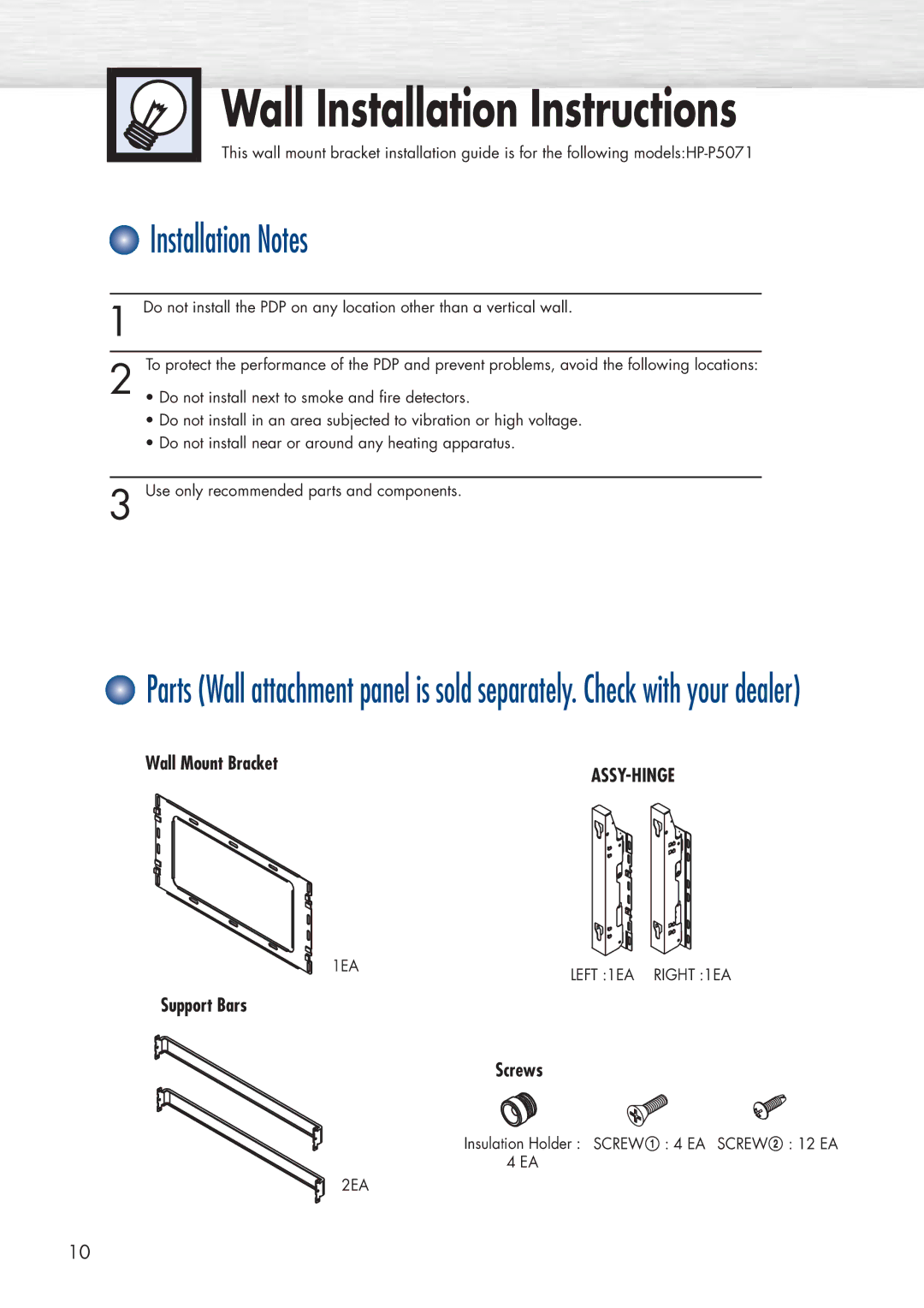 Samsung HP-P5071 manual Wall Installation Instructions, Installation Notes, Wall Mount Bracket, Support Bars Screws 