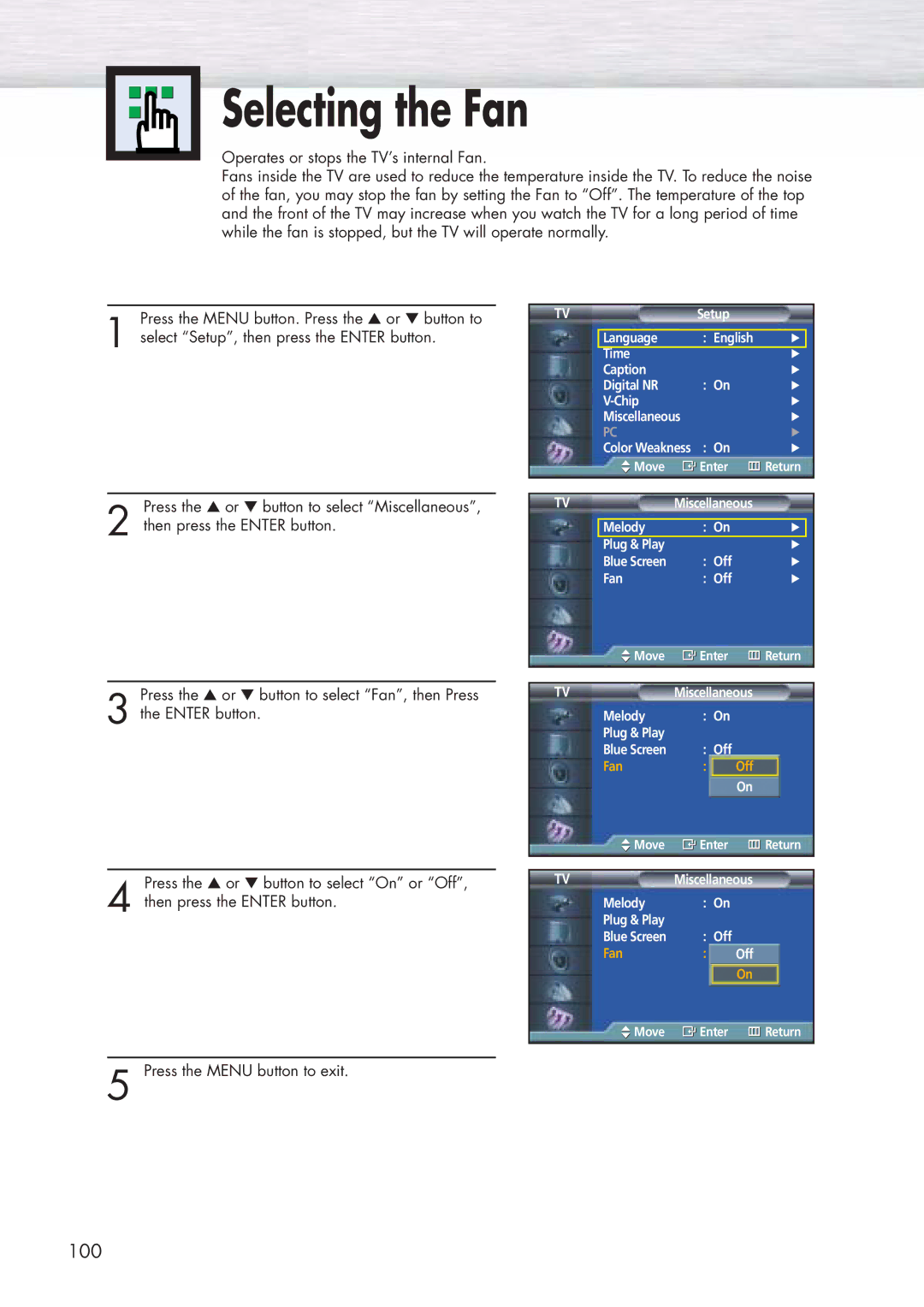 Samsung HP-P5071 manual Selecting the Fan 