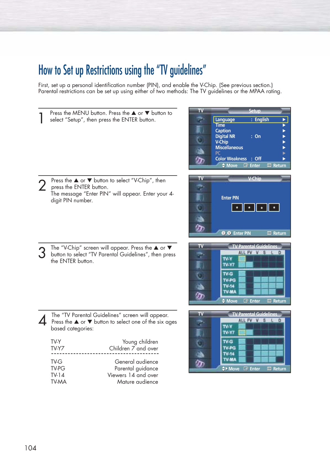 Samsung HP-P5071 manual How to Set up Restrictions using the TV guidelines 