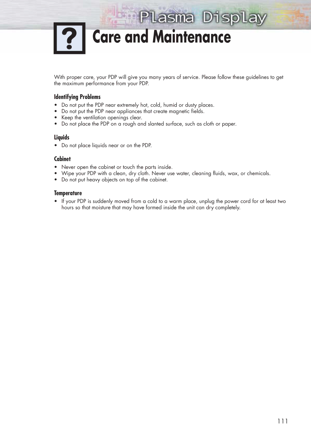 Samsung HP-P5071 manual Care and Maintenance, Identifying Problems, Liquids, Cabinet, Temperature 