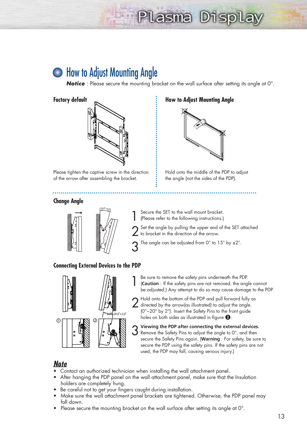 Samsung HP-P5071 manual How to Adjust Mounting Angle, Factory default, Change Angle, Connecting External Devices to the PDP 