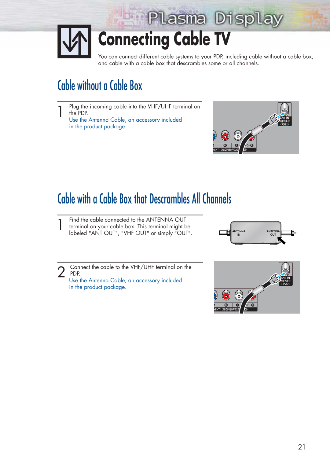 Samsung HP-P5071 manual Connecting Cable TV, Cable without a Cable Box 