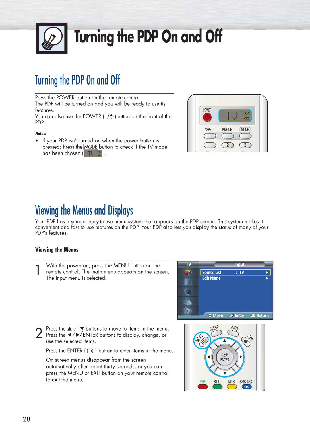 Samsung HP-P5071 manual Turning the PDP On and Off, Viewing the Menus and Displays 