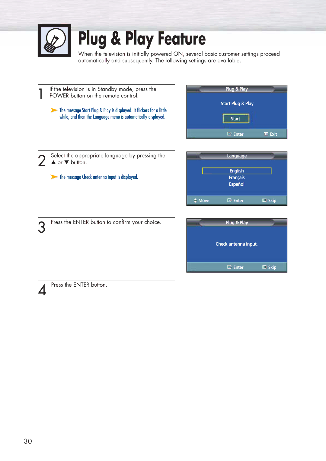 Samsung HP-P5071 manual Plug & Play Feature, Press the Enter button to confirm your choice 