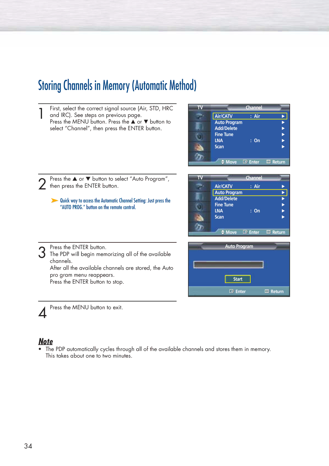 Samsung HP-P5071 manual Storing Channels in Memory Automatic Method 