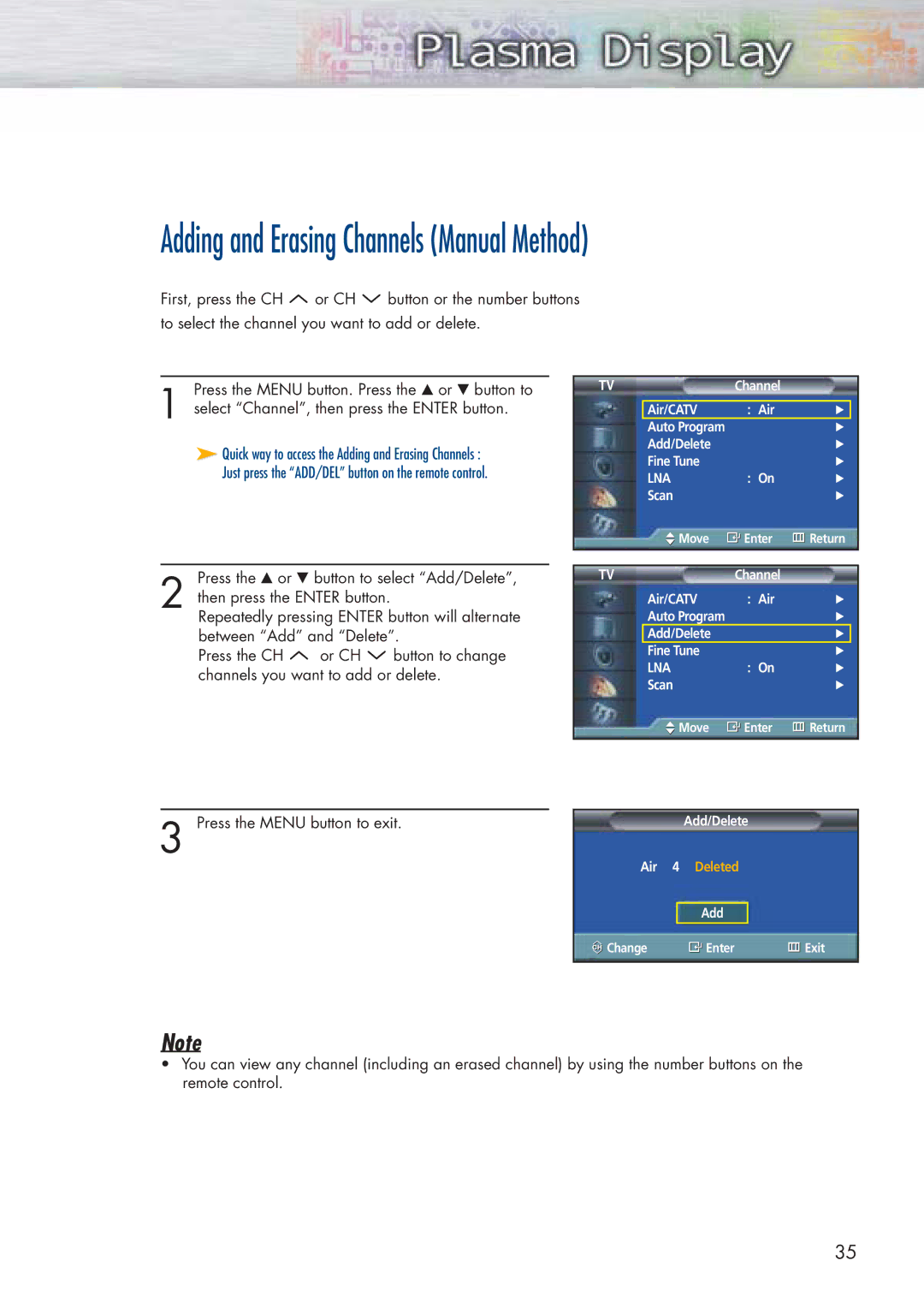 Samsung HP-P5071 manual Adding and Erasing Channels Manual Method 