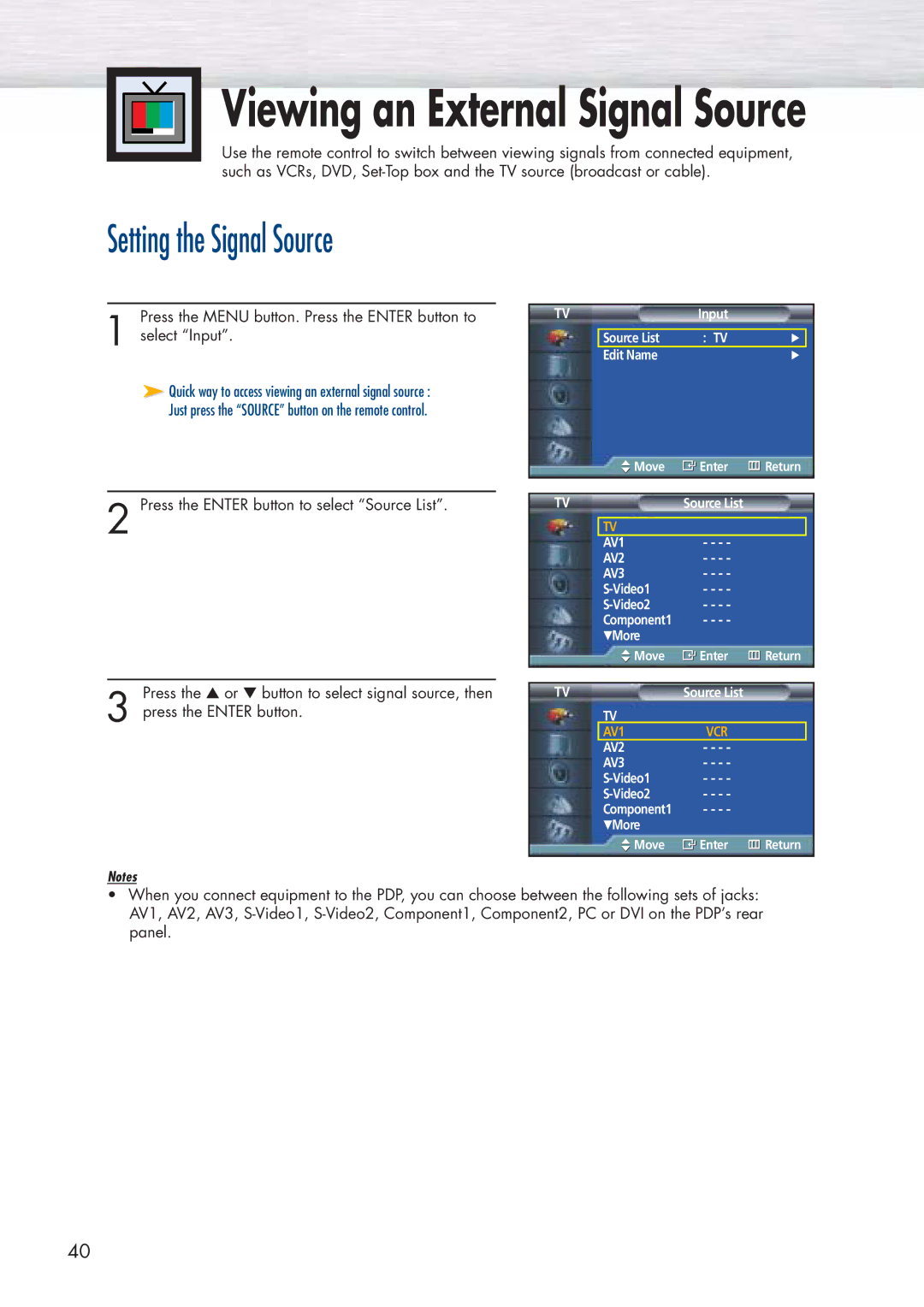 Samsung HP-P5071 manual Viewing an External Signal Source, Setting the Signal Source 