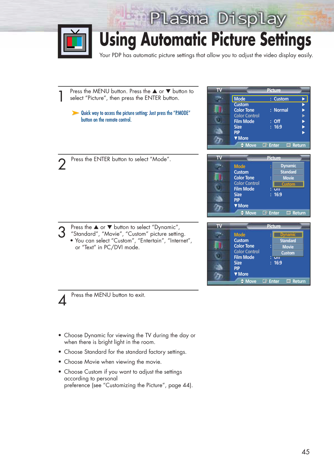 Samsung HP-P5071 manual Using Automatic Picture Settings 