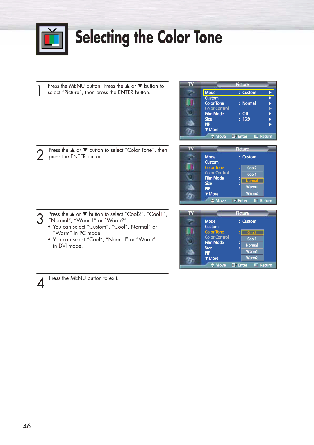 Samsung HP-P5071 manual Selecting the Color Tone 