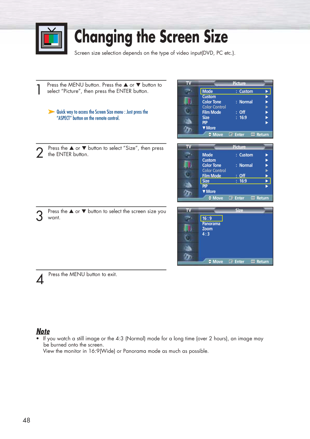 Samsung HP-P5071 manual Changing the Screen Size 