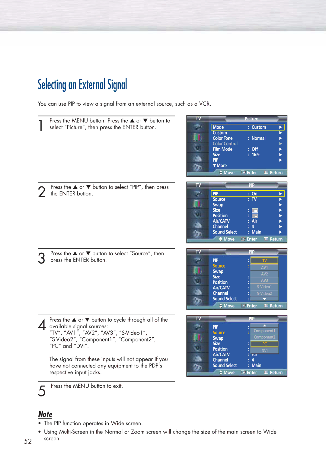 Samsung HP-P5071 manual Selecting an External Signal 